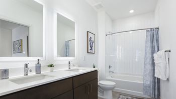 a bathroom with two sinks and a shower and a toilet